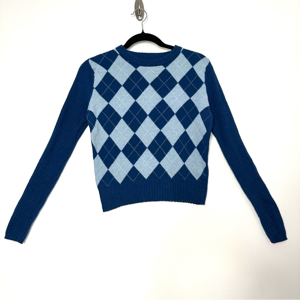 Y2K American Eagle Preppy Blue Argyle Wool Cashmere Sweater Old Money Heritage